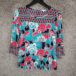 Crown & Ivy Top Womens‎ Small Pink Printed Bell Sleeve Button Back Rayon Ladies